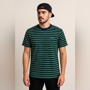 HUF Striped Short Sleeve T-Shirt Navy Green Yellow Men’s Medium